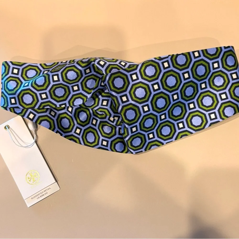Tory Burch Silk Headband in Blue and Green Geometric Octagon Print. NWT.